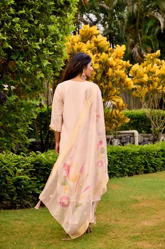 peach embroidered roman straight kurta pant and dupatta set
