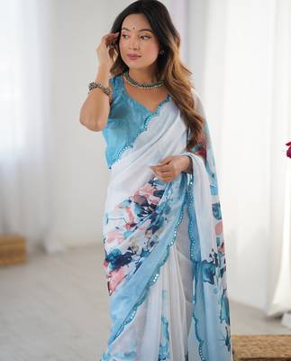 Women's sky blue chinon digital printed designer saree with blouse 4