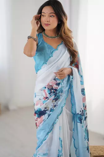 Women's sky blue chinon digital printed designer saree with blouse