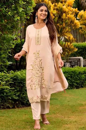 peach embroidered roman straight kurta pant and dupatta set
