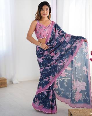 Women's navy blue chinon digital printed designer saree with blouse 1