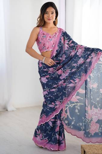 Women's navy blue chinon digital printed designer saree with blouse