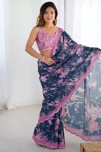 Women's navy blue chinon digital printed designer saree with blouse