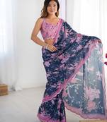 Women's navy blue chinon digital printed designer saree with blouse