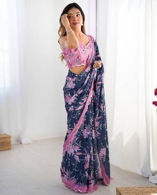 Women's navy blue chinon digital printed designer saree with blouse 2