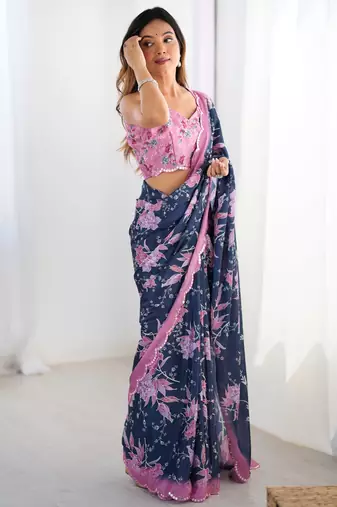 Women's navy blue chinon digital printed designer saree with blouse