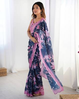 Women's navy blue chinon digital printed designer saree with blouse 3