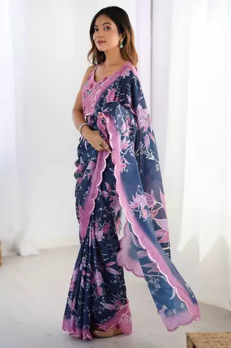 Women's navy blue chinon digital printed designer saree with blouse
