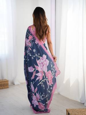 Women's navy blue chinon digital printed designer saree with blouse 5