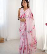 Women's baby pink chinon digital printed designer saree with blouse