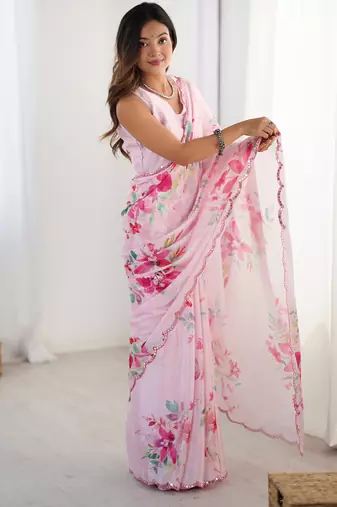 Women's baby pink chinon digital printed designer saree with blouse
