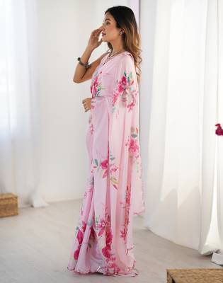 Women's baby pink chinon digital printed designer saree with blouse 3