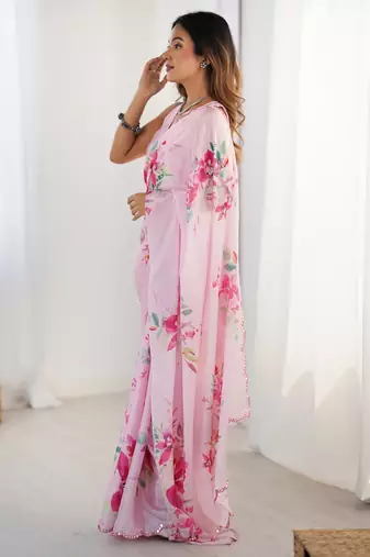 Women's baby pink chinon digital printed designer saree with blouse