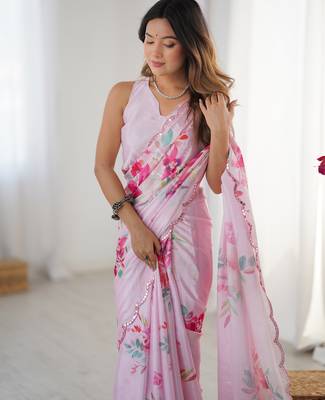 Women's baby pink chinon digital printed designer saree with blouse 4
