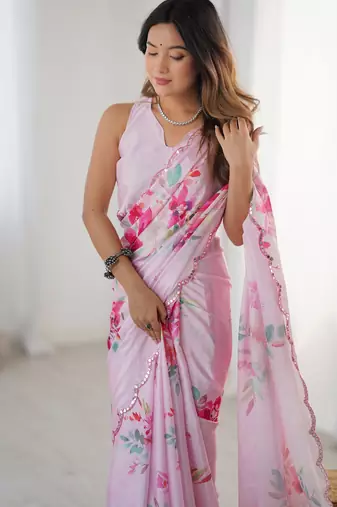 Women's baby pink chinon digital printed designer saree with blouse