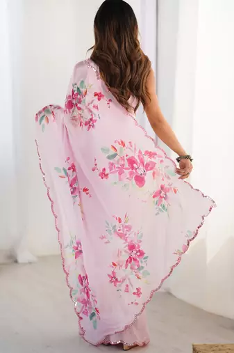 Women's baby pink chinon digital printed designer saree with blouse