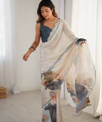 Women's off white chinon digital printed designer saree with blouse 1