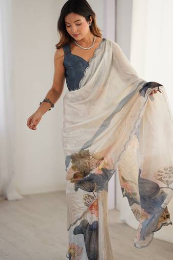 Women's off white chinon digital printed designer saree with blouse