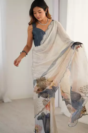 Women's off white chinon digital printed designer saree with blouse