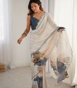Women's off white chinon digital printed designer saree with blouse
