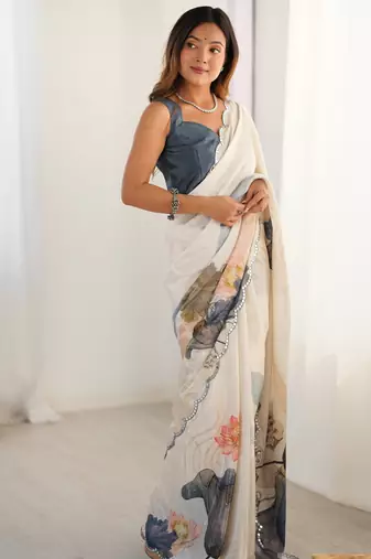 Women's off white chinon digital printed designer saree with blouse