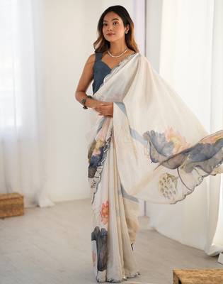Women's off white chinon digital printed designer saree with blouse 3