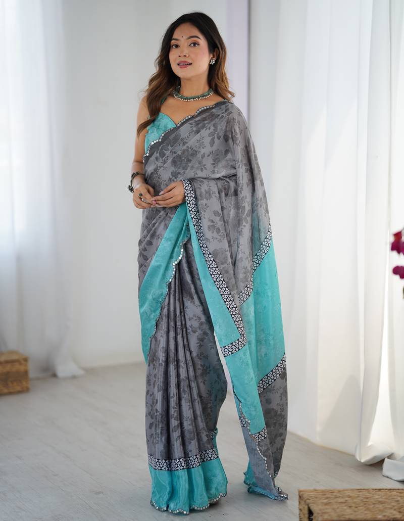 Women's grey chinon digital printed designer saree with blouse