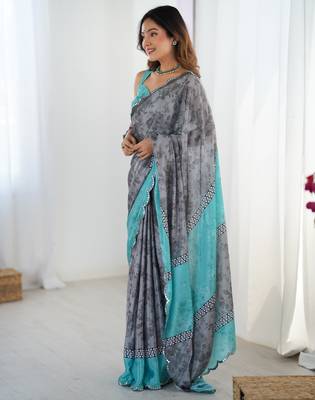 Women's grey chinon digital printed designer saree with blouse 3