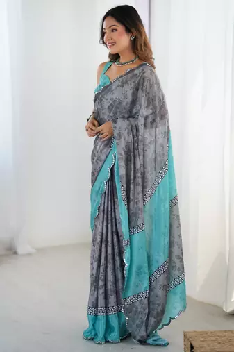 Women's grey chinon digital printed designer saree with blouse