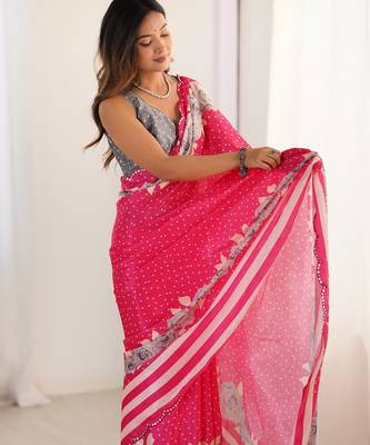 Women's pink chinon digital printed designer saree with blouse 2