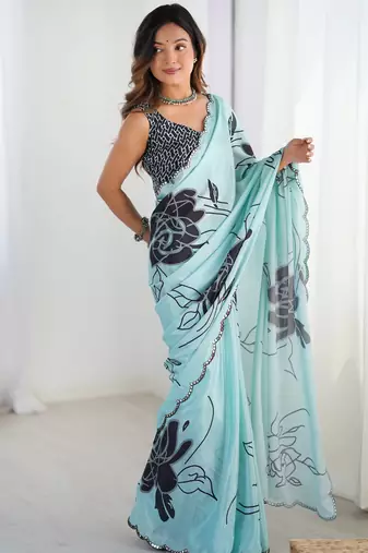 Women's sea green chinon digital printed designer saree with blouse
