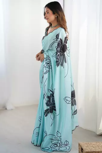 Women's sea green chinon digital printed designer saree with blouse