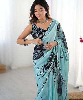 Women's sea green chinon digital printed designer saree with blouse 4