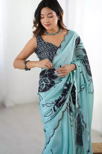 Women's sea green chinon digital printed designer saree with blouse