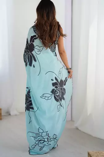 Women's sea green chinon digital printed designer saree with blouse