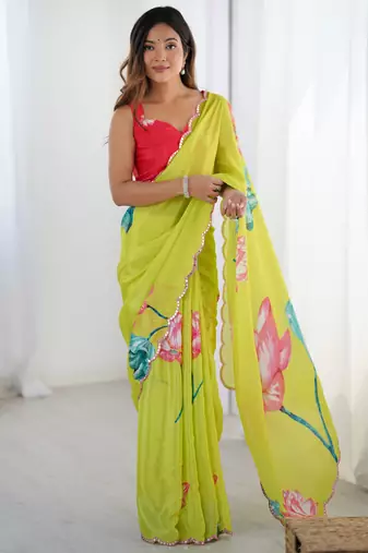 Women's parrot green chinon digital printed designer saree with blouse