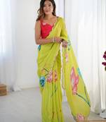 Women's parrot green chinon digital printed designer saree with blouse