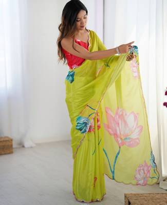 Women's parrot green chinon digital printed designer saree with blouse 2