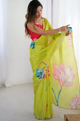 Women's parrot green chinon digital printed designer saree with blouse