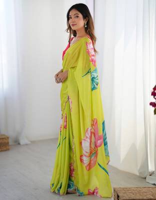 Women's parrot green chinon digital printed designer saree with blouse 3