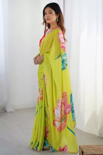 Women's parrot green chinon digital printed designer saree with blouse