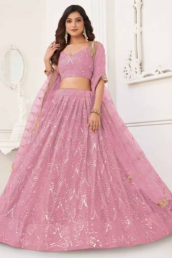 DUSTY PINK NET SEQUIN EMBROIDERED LEHENGA SET WITH CHOLI AND DUPATTA