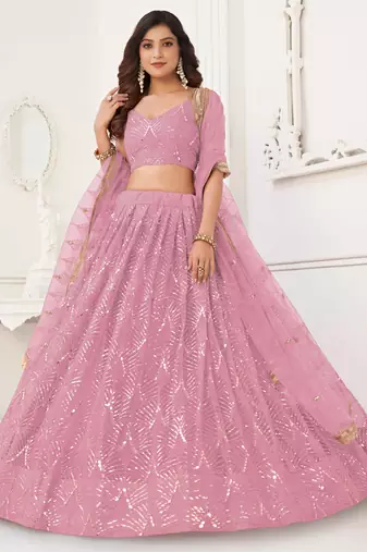 DUSTY PINK NET SEQUIN EMBROIDERED LEHENGA SET WITH CHOLI AND DUPATTA