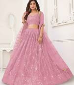 DUSTY PINK NET SEQUIN EMBROIDERED LEHENGA SET WITH CHOLI AND DUPATTA