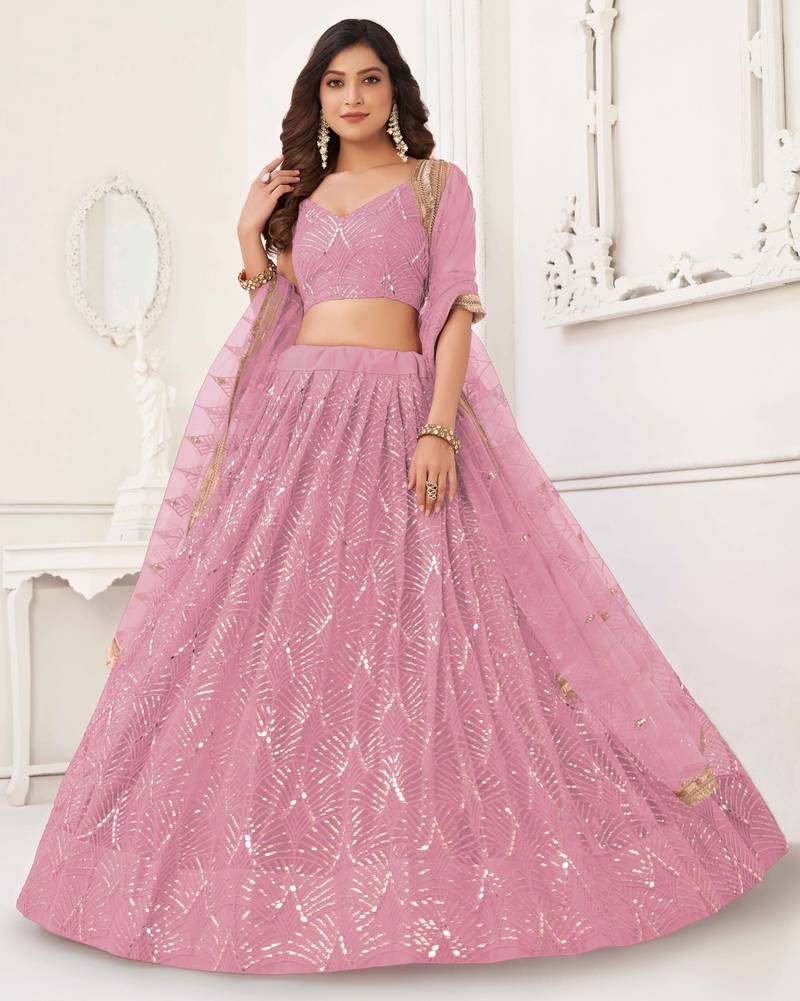 DUSTY PINK NET SEQUIN EMBROIDERED LEHENGA SET WITH CHOLI AND DUPATTA