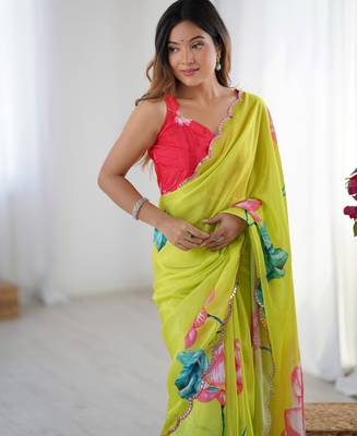 Women's parrot green chinon digital printed designer saree with blouse 4
