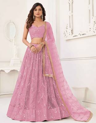 DUSTY PINK NET SEQUIN EMBROIDERED LEHENGA SET WITH CHOLI AND DUPATTA 2