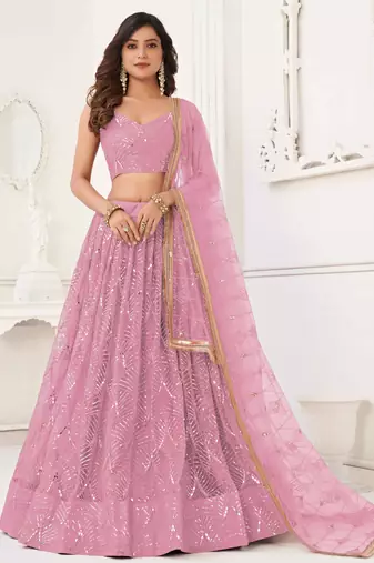 DUSTY PINK NET SEQUIN EMBROIDERED LEHENGA SET WITH CHOLI AND DUPATTA