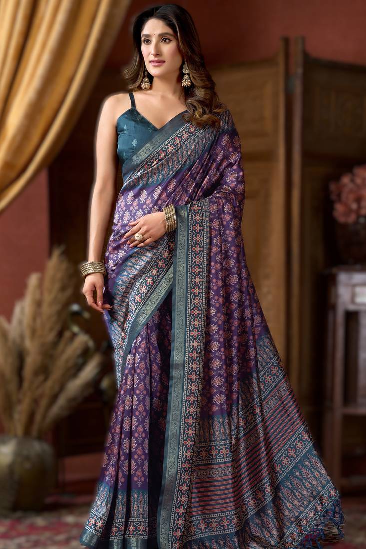 purple cluster digital saree with jacquard border & jhallar