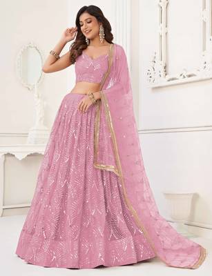 DUSTY PINK NET SEQUIN EMBROIDERED LEHENGA SET WITH CHOLI AND DUPATTA 3